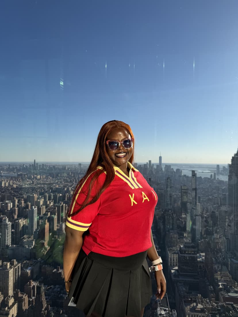 Taslemat Yusuf in front of the New York skyline