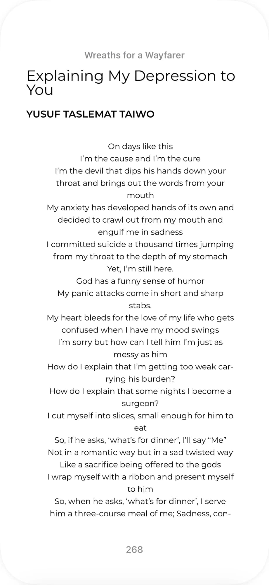 Explaining My Depression to You by Yusuf Taslemat Yusuf Taiwo, page 268 of Wreaths for a Wayfarer